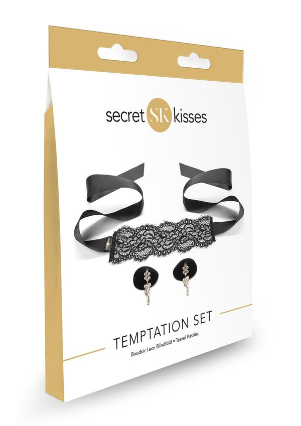 Secret Kisses Temptation Set Boudor Lace Blindfold & Tassel Pasties Black