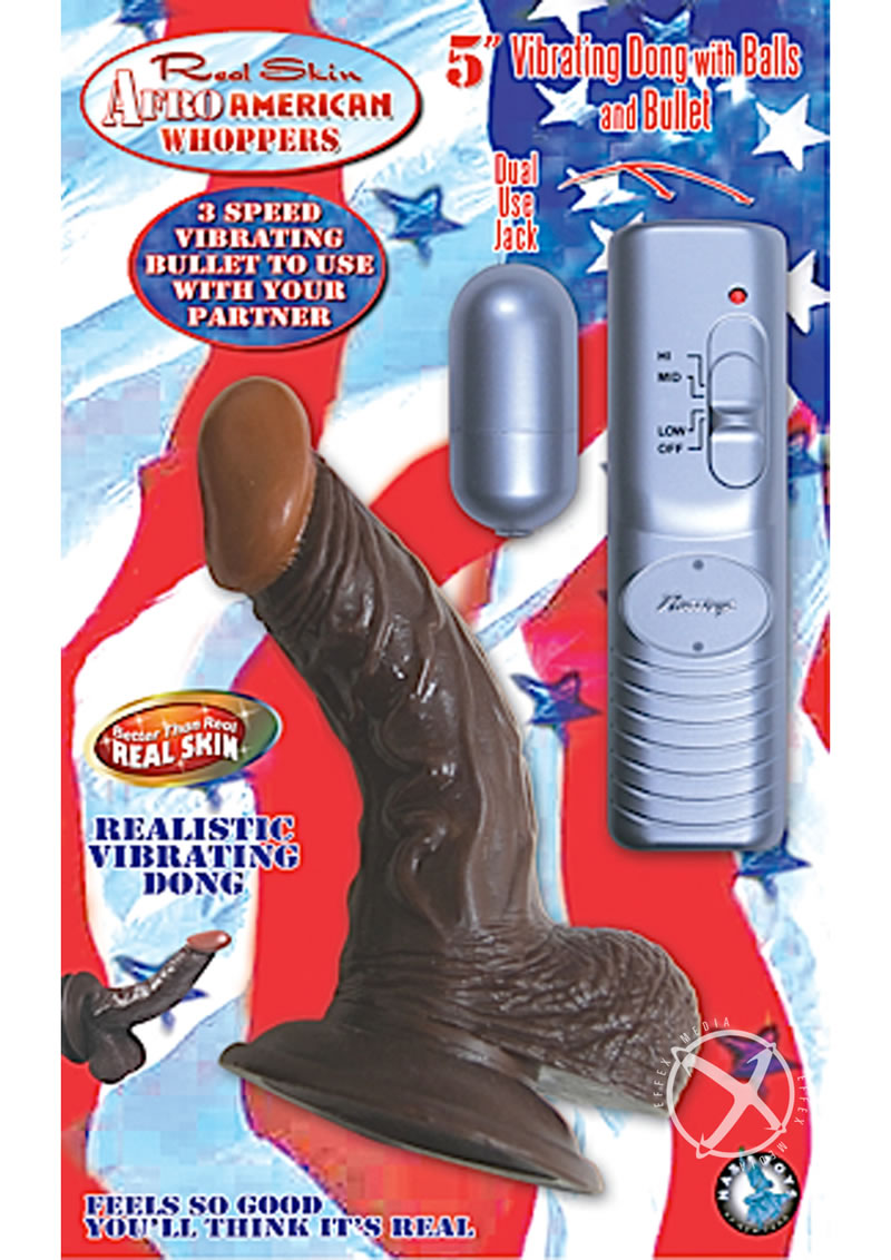 Real Skin All American Afro American Whoppers Vibrating Dildo With Balls 5in - Chocolate
