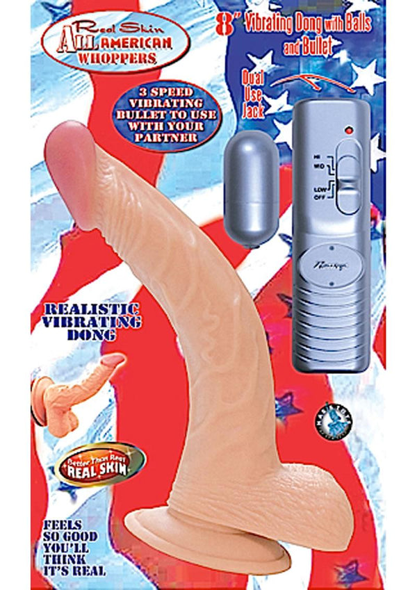 Real Skin All American Whoppers Vibrating Dong With Balls 8 Inch Flesh - With Bullet