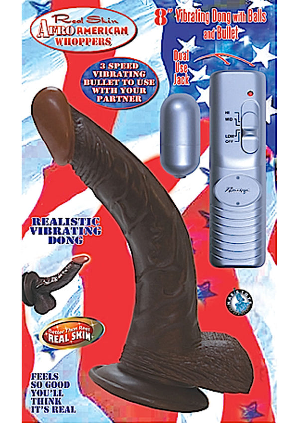 Real Skin Afro American Whoppers Vibrating Dong With Balls & Bullet 8 Inch Brown