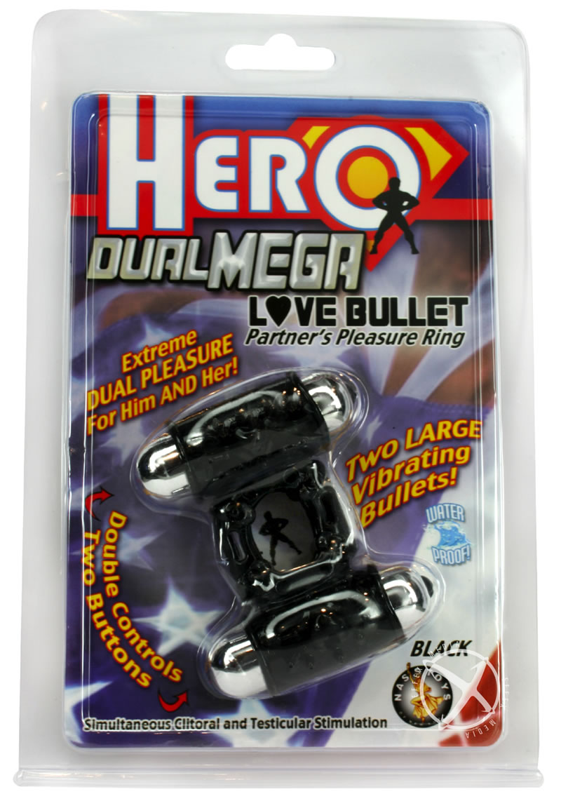Hero Dual Mega Love Bullet Cock Ring - Black
