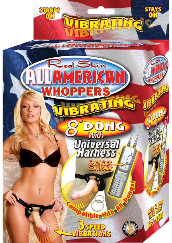 Real Skin All American Whoppers Vibrating Dong With Universal Harness 8 Inch Flesh
