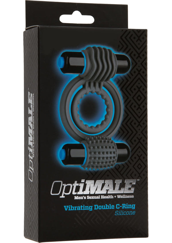 OptiMALE Silicone Vibrating Double Cock Ring With Dual Bullets - Slate