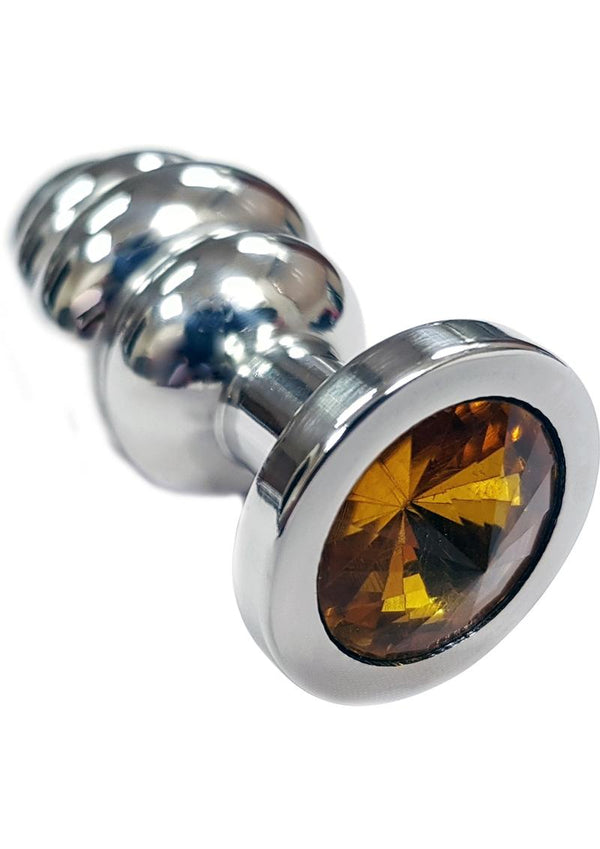 Rouge Jewelled Threaded Anal Butt Plug Small Stainless Steel Yellow Jewel