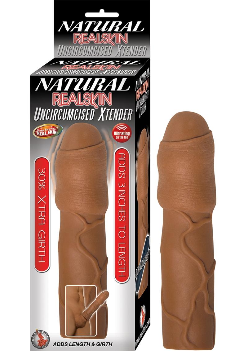 Natural Realskin Uncircumcised Xtender Vibrating Sleeve Brown 6.37 Inch