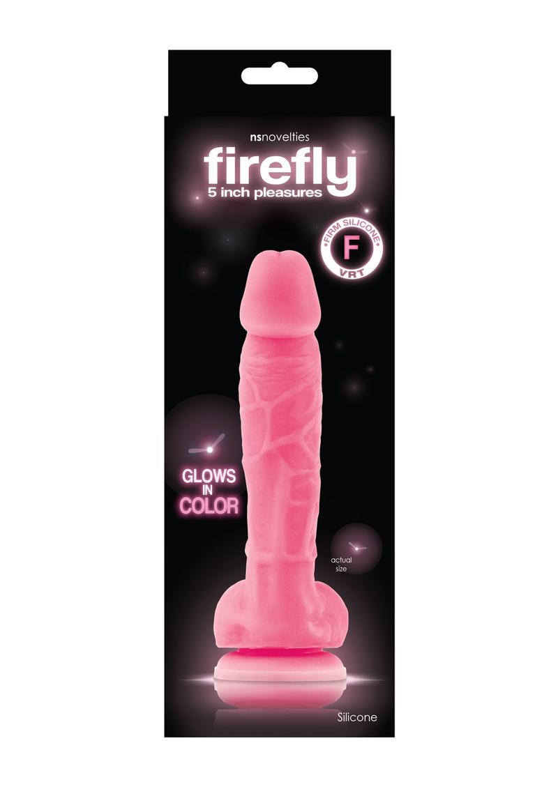 Firefly 5in Pleasures Silicone Glow In The Dark Suction Cup Dildo With Balls - Pink