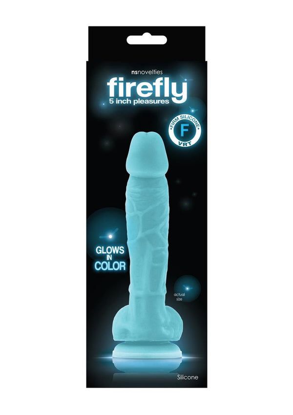 Firefly 5in Pleasures Silicone Glow In The Dark Suction Cup Dildo With Balls - Blue