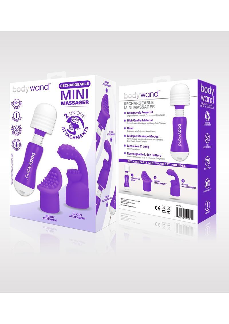 Bodywand Rechargeable Mini Massager Silicone With Two Attachments Purple