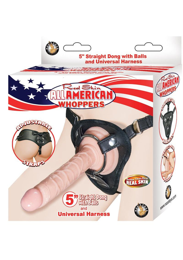 All American Whoppers Realskin Straight Dildo & Universal Harness 5in - Vanilla