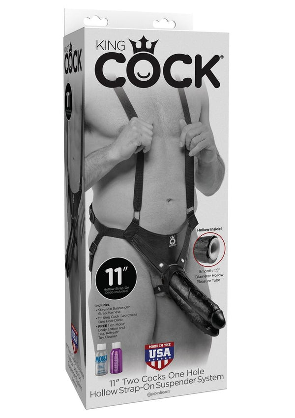 King Cock Two Dildos One Hole Hollow Strap on Suspender System 11in - Black