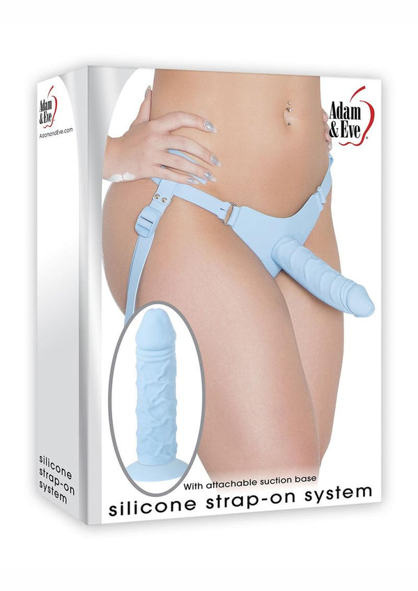 Adam & Eve Silicone Strap-On System Adjustable Harness With Realistic Dong Blue