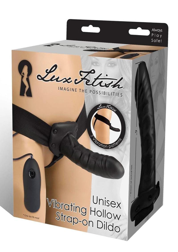 Lux Fetish Unisex Vibrating Hollow Strap-On Dildo With Wired Remote Control Black 9 Inch
