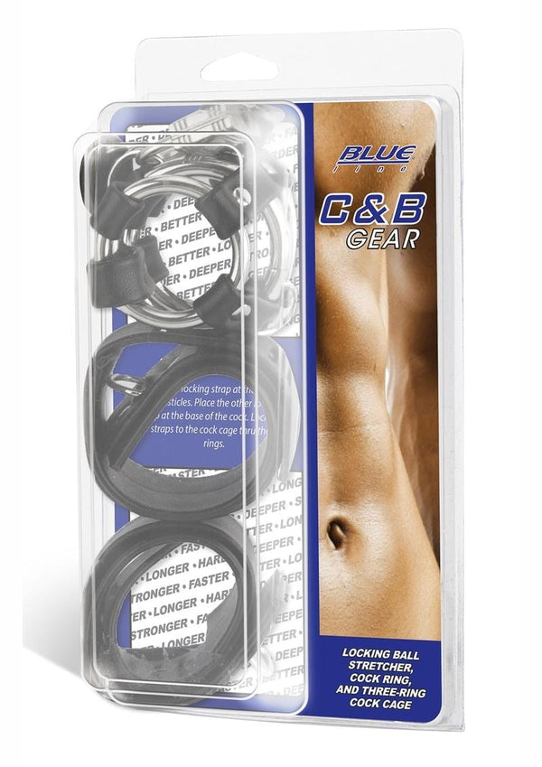 Blue Line C & B Gear Locking Ball Stretcher Cock Ring And Three-Ring Cock Cage Metal And Black