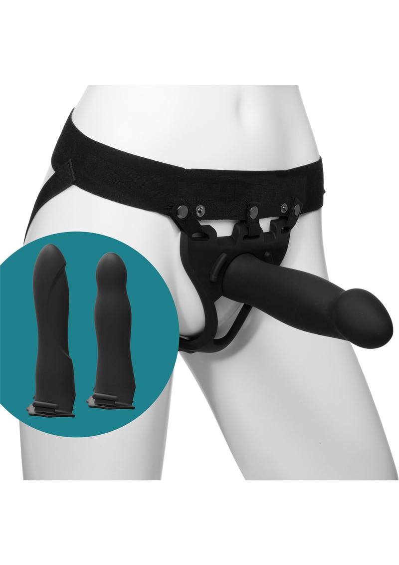 Body Extensions Be Ready Silicone Strap-On Harness With 2 Hollow Dildos 7In And 7.5In (4 Piece Set) - Black