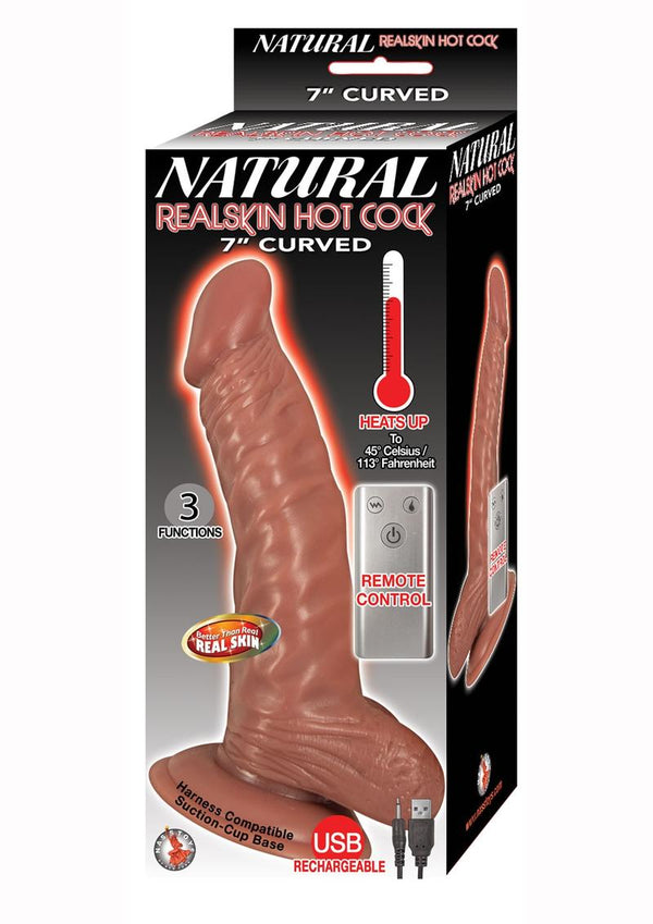 Natural Realskin Hotcock Curved Warming Rechargeable Dildo 7in - Chocolate