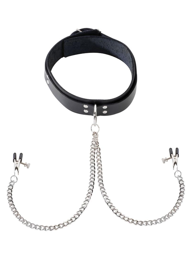 Black Leather Collar With Broad Tip Nipple Clamps Black