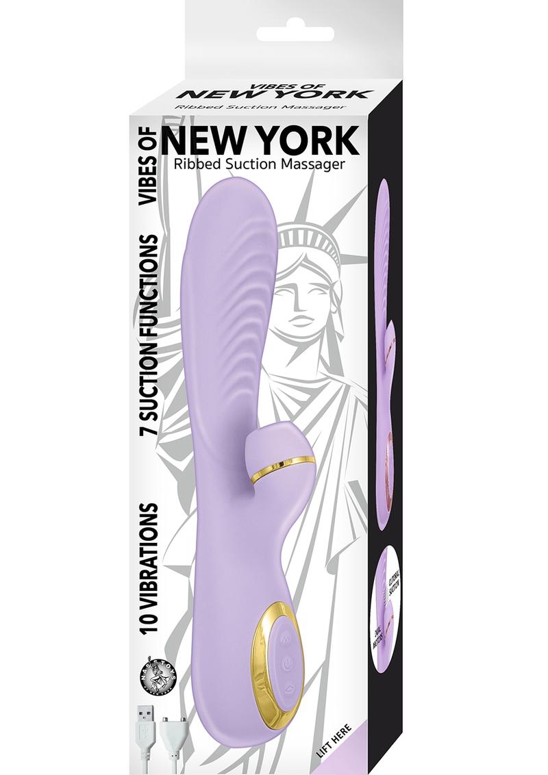 Vibes Of New York Ribbed Suction Massager Dual Vibrating Clitoral Stimulation Rechargeable Purple
