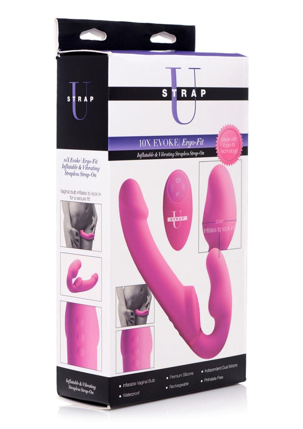 Strap U 10X Evoke Ergo -Fit Inflatable & Vibrating Strapless Strap-On USB Rechargeagle With Wireless Remote Control Pink 9.47 Inches