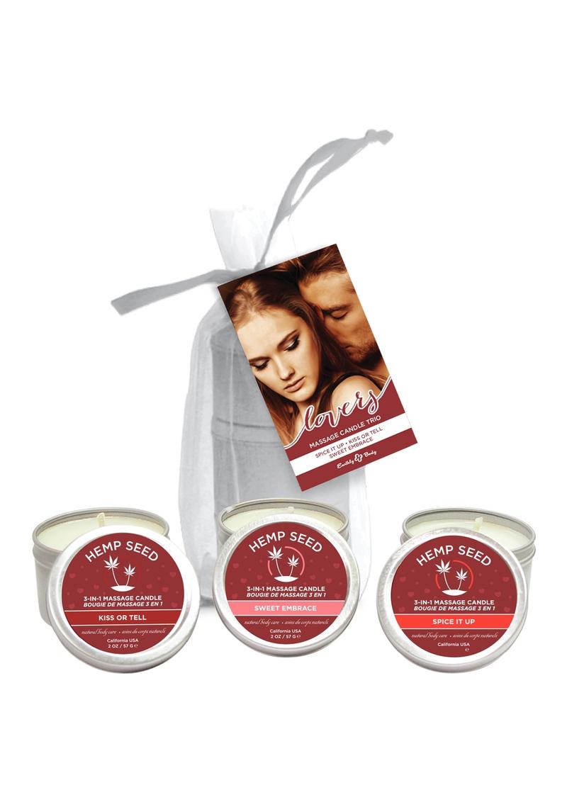 Earthly Body Lovers Massage Candle Trio Set Spice It Up, Sweet Embrace, Kiss Or Tell 2 Ounces Each