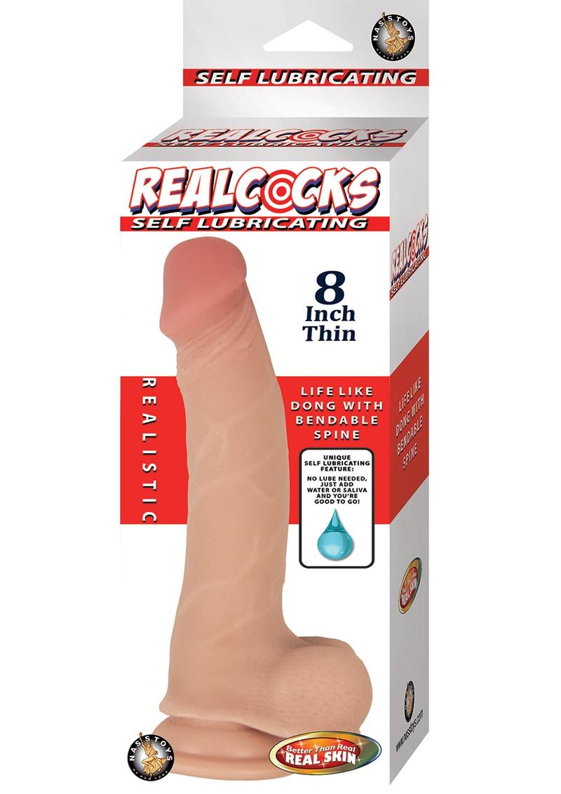 RealCocks Self Lubricating Bendable Thin Dildo With Balls 8in - Vanilla