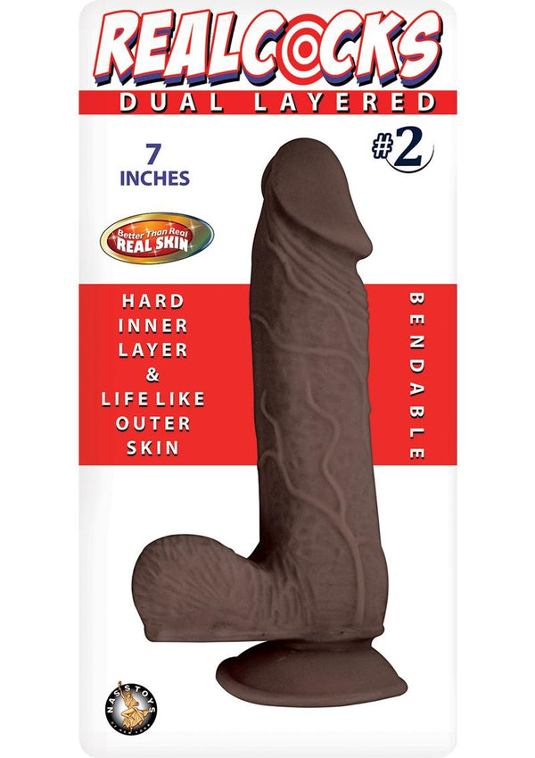 Realcocks Dual Layered #2  Bendable Realistic Dong Waterproof 7 Inches  Dark Brown