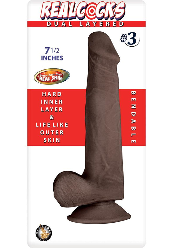 Realcocks Dual Layered #3  Bendable Realistic Dong Waterproof 7.5 Inches  Dark Brown