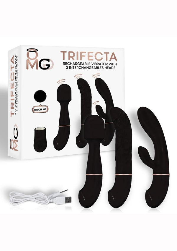 Omg Trifecta Rechargeable Vibrators With 3 Head Attachments - Black