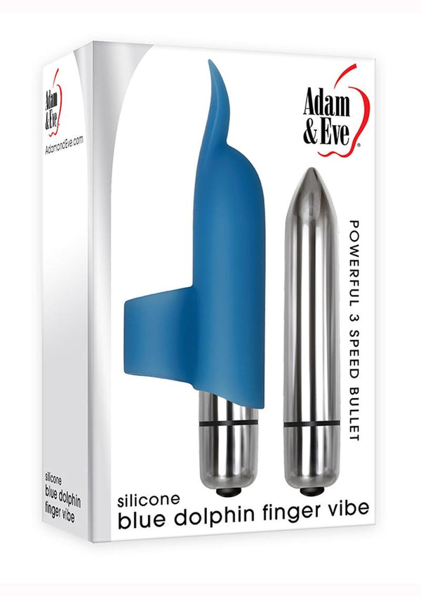 Adam &amp; Eve Silicone Blue Dolphin Finger Vibe - Blue/Silver