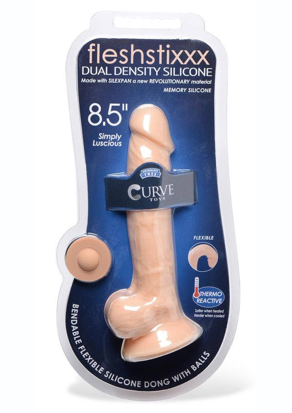 FleshStixxx Dual Density Silicone Bendable Dong With Balls 8.5 in - Vanilla