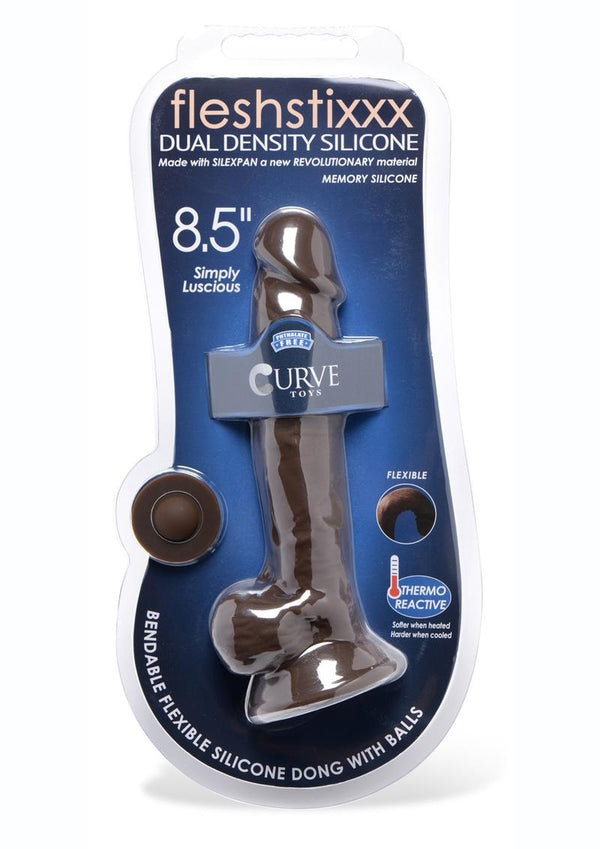 FleshStixxx Dual Density Silicone Bendable Dong With Balls 8.5in - Chocolate