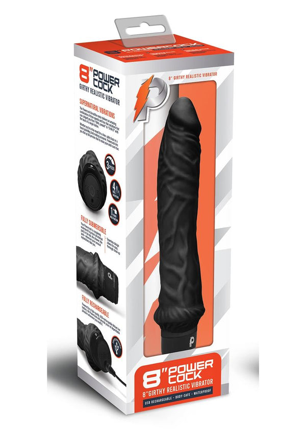Powercocks Silicone Rechargeable Girthy Realistic Vibrator 8in - Black