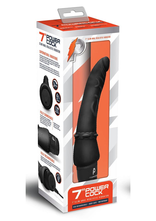 Powercock Silicone Rechargeable Slim Anal Realistic Vibrator 7in - Black
