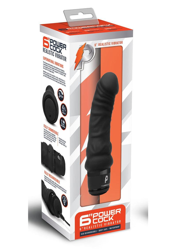 Powercocks Silicone Rechargeable Realistic Vibrator 6in - Black