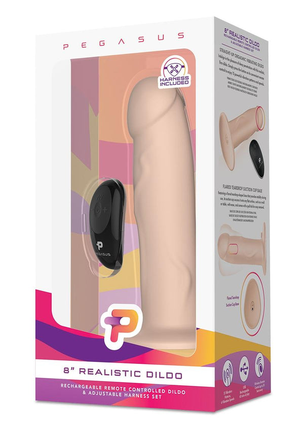 Pegasus Realistic Silicone Rechargeable Dildo With Remote Control And Adjustable Harness Set 8in - Pink