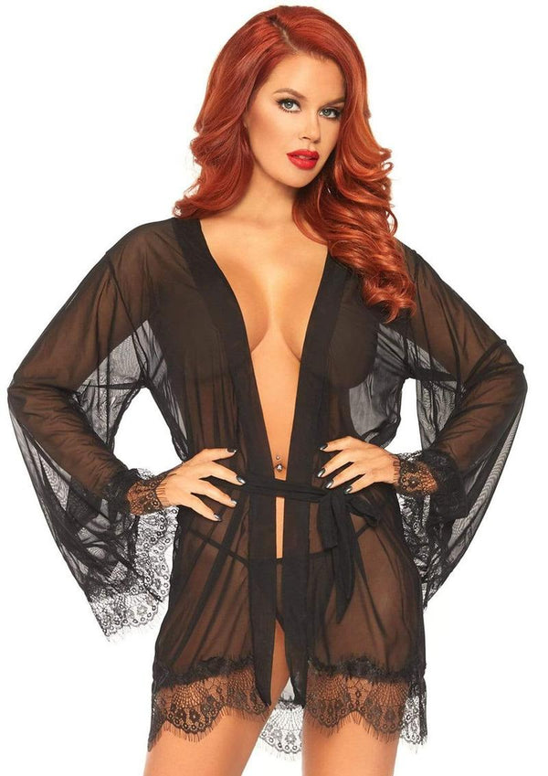 Leg Avenue Sheer Short Robe With Eyelash Lace Trim And Flared Sleeves, Ribbon Tie And Matching G-String (3 Piece) - Xlarge - Black
