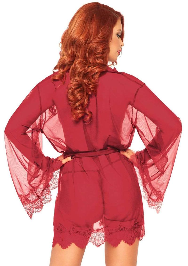 Leg Avenue Sheer Short Robe With Eyelash Lace Trim And Flared Sleeves, Ribbon Tie And Matching G-String (3 Piece) - Xlarge - Burgundy