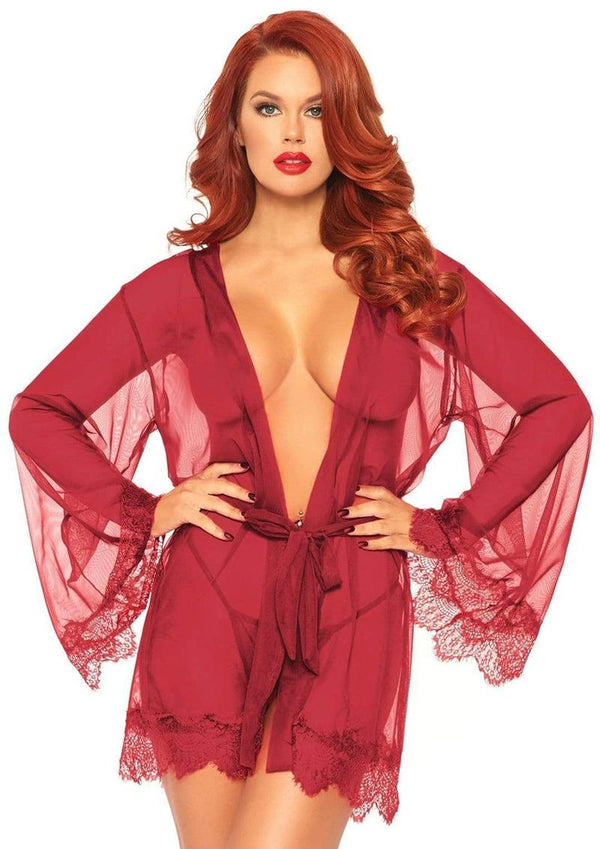 Leg Avenue Sheer Short Robe With Eyelash Lace Trim And Flared Sleeves, Ribbon Tie And Matching G-String (3 Piece) - Medium/Large - Burgundy