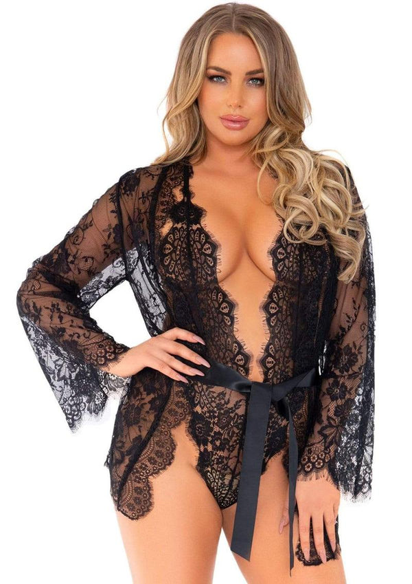 Leg Avenue Floral Lace Teddy With Adjustable Straps And Cheeky Thong Back, Matching Lace Robe With Scalloped Trim and Satin Tie (3 Piece) - Large - Black