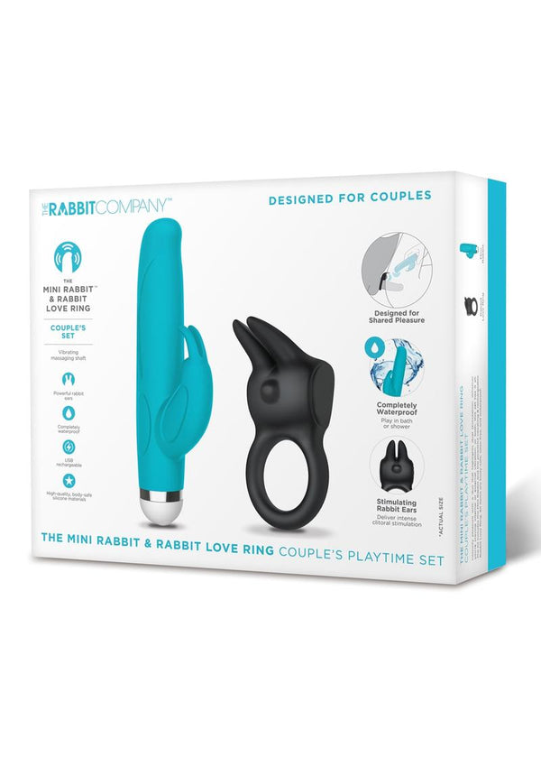 The Mini Rabbit & Rabbit Love Ring Silicone Rechargeable Couple's Playtime Set - Blue/Black