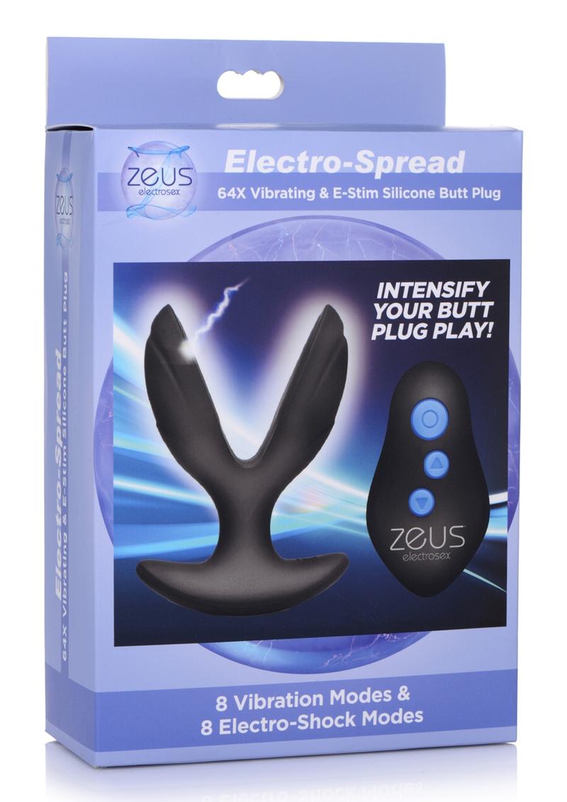 Zeus Electro-Spread 64X Vibrating & E-Stim Silicone Rechargeable Butt Plug With Remote Control - Black