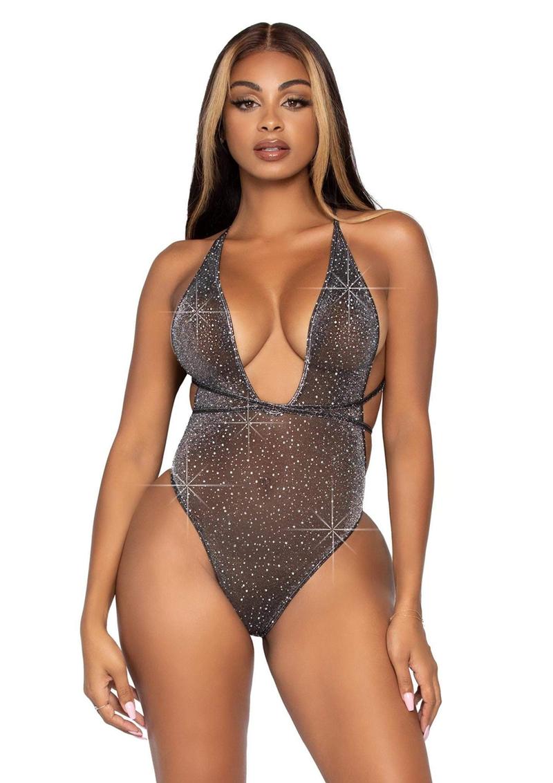 Leg Avenue Shimmer Sheer Lurex Rhinestone Teddy With Thong Back And Convertible Wrap-Around Straps - O/S - Black/Silver