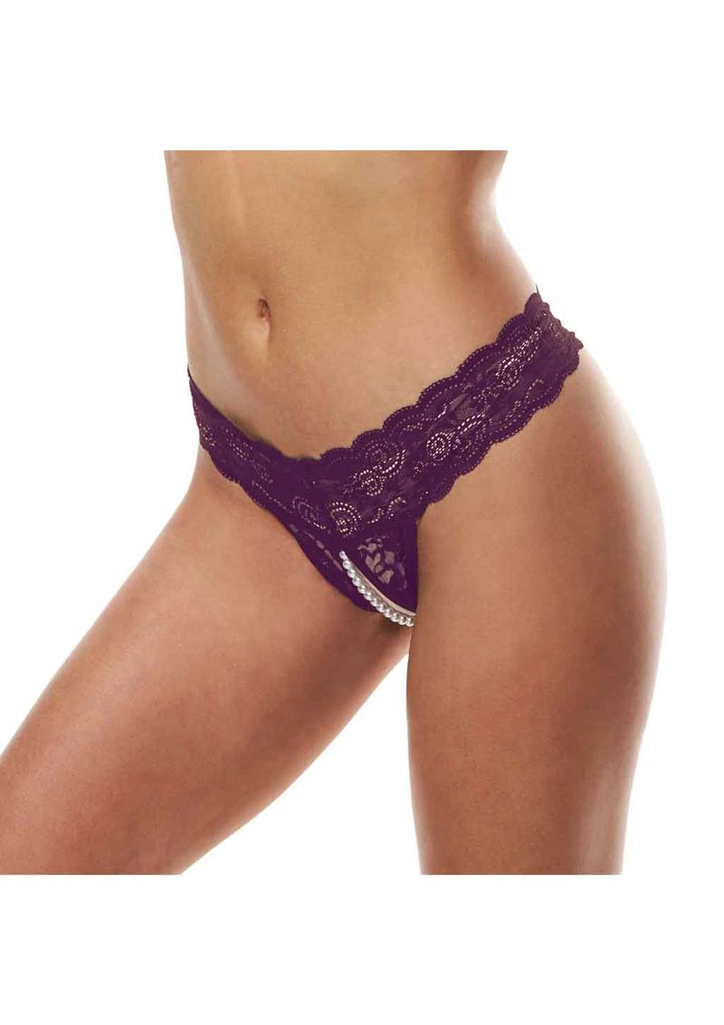 Secret Kisses Lace & Pearl Crotchless Thong - S/M - Purple