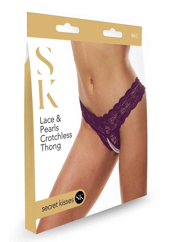 Secret Kisses Lace andamp; Pearl Crotchless Thong - M/L - Purple