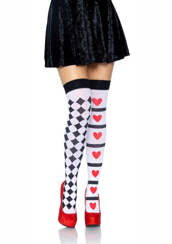 Harlequin Heart Thigh High Os Wht/red