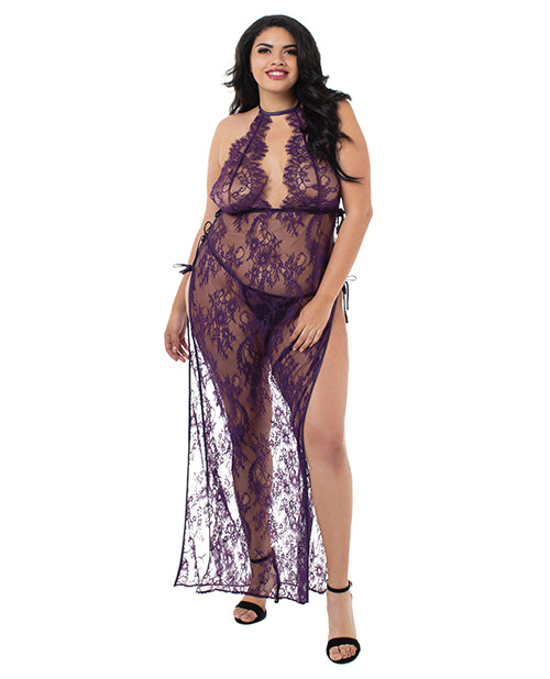 Toga Style Lace Gown w/Adjstble Satin Straps, Halter Cups & G-String Plum 2X
