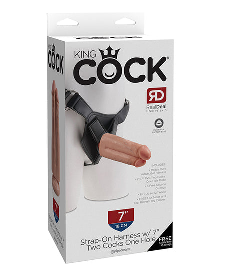 King Cock Strap-On Harness w/7" Two Cocks One Hole - Flesh