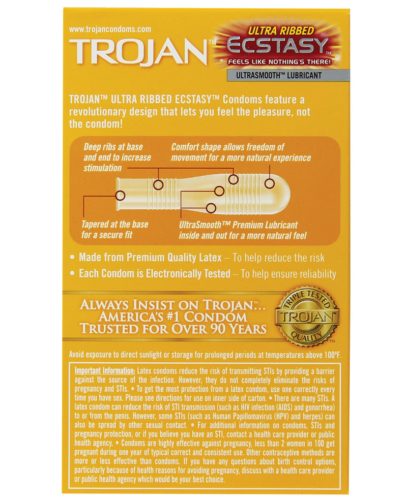 Trojan Stimulations Ecstasy Ribbed Condoms - Box of 10