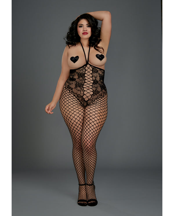 Open Cup Open Crotch Bodystocking w/Knitted Lace Teddy Design Black QN