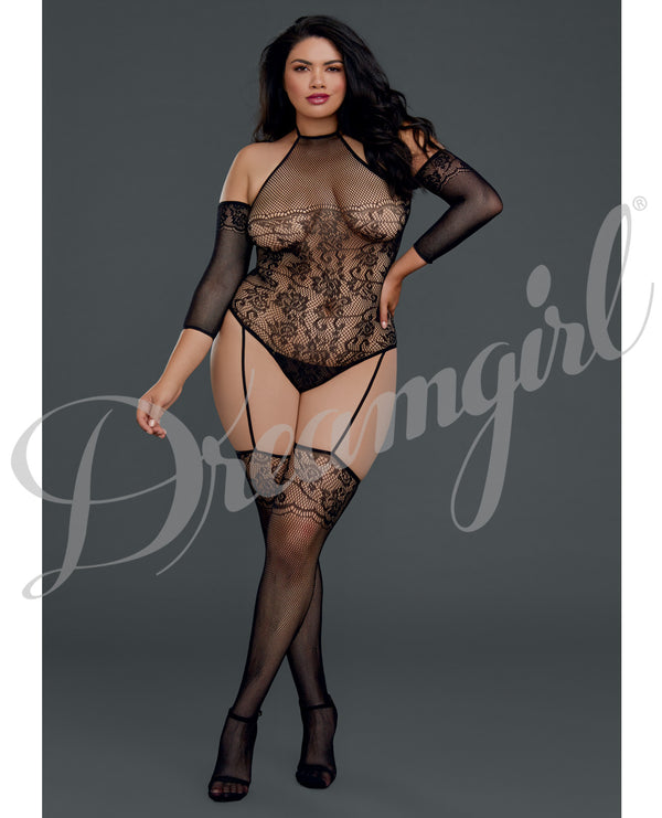 Floral Netted Teddy Bodystocking w/Attached Thigh Highs Black QN