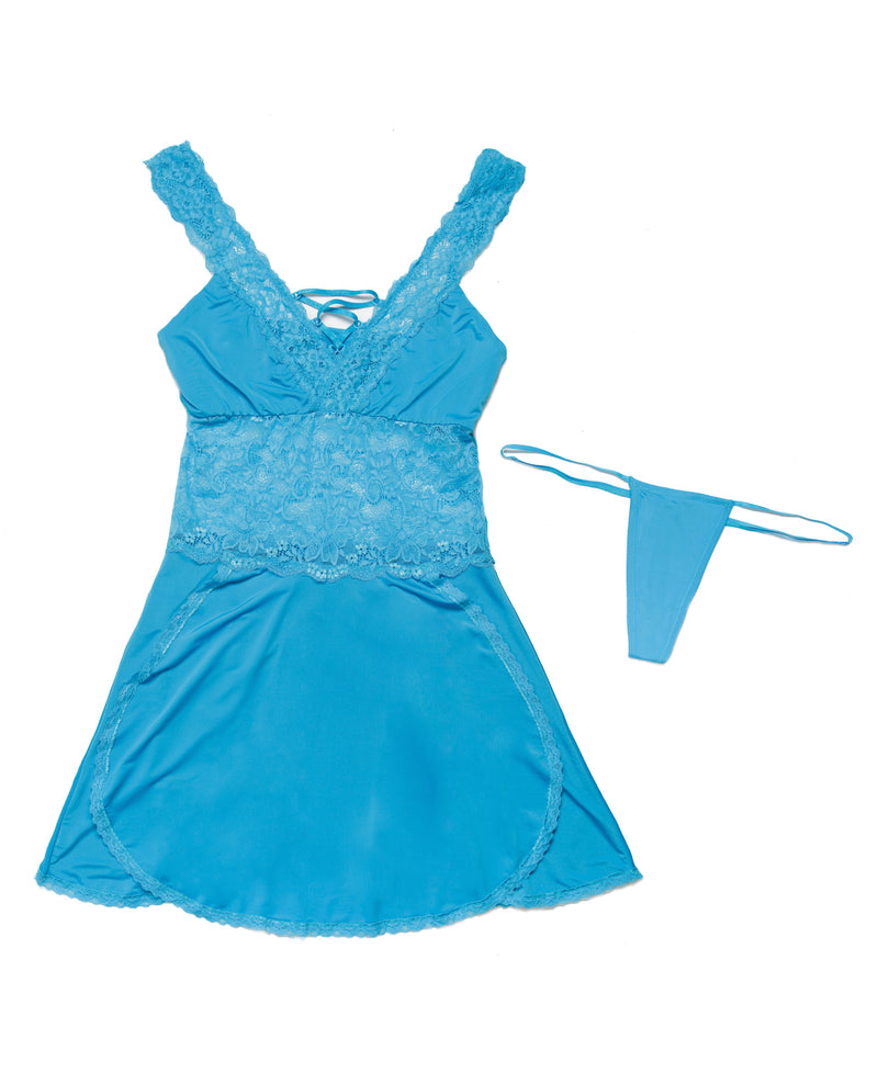 Scallop Stretch Lace & Microfiber Soft Cup Design Babydoll & Thong Blue O/S